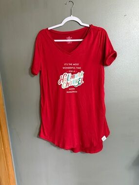 Hallmark Red Short Sleeve V-Neck Tee with Multicolor Logo